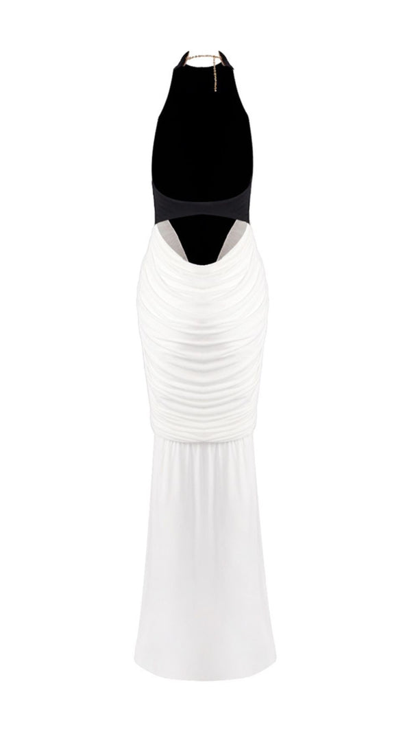 AIIZIE ITZEL BLACK & WHITE HALTER BACKLESS MAXI DRESS - RUCHED GALA GOWN - product image