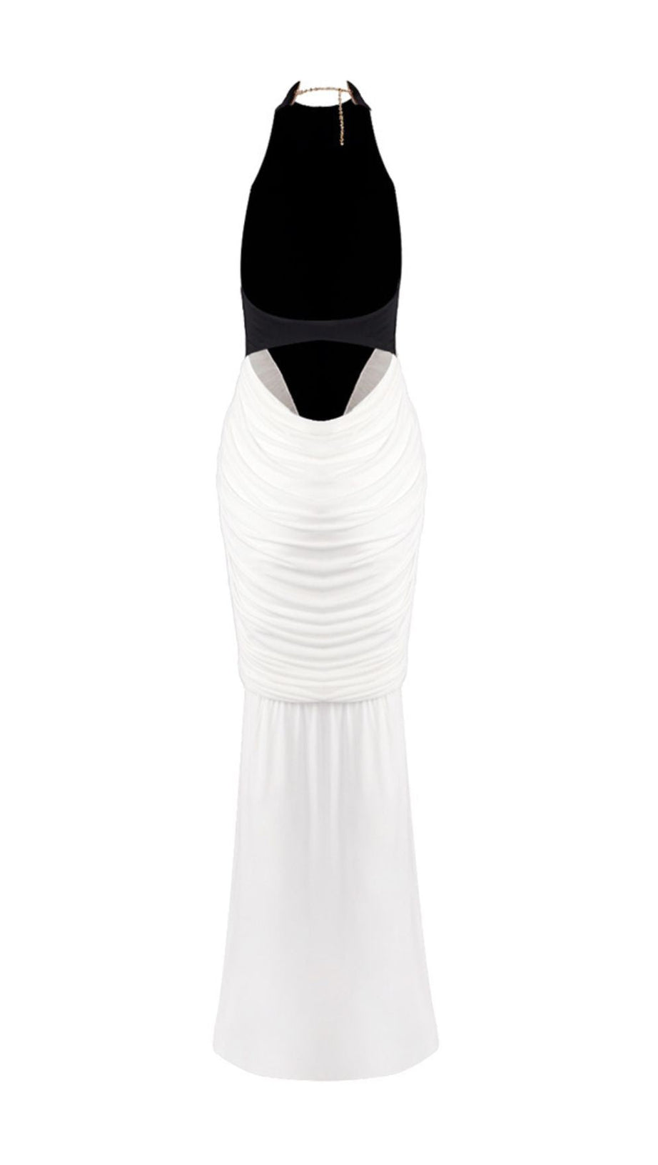 ITZEL BLACK & WHITE HALTER BACKLESS MAXI DRESS - RUCHED GALA GOWN