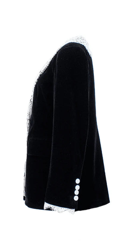 LACE-NECK VELVET BLAZER IN BLACK