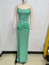 Sparkly Sequin Lace Up Twisted Ruched High Slit Slip Evening Maxi Dress