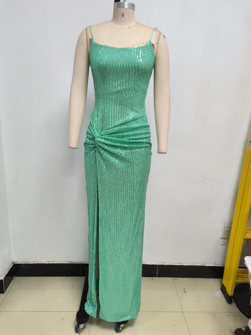 Sparkly Sequin Lace Up Twisted Ruched High Slit Slip Evening Maxi Dress