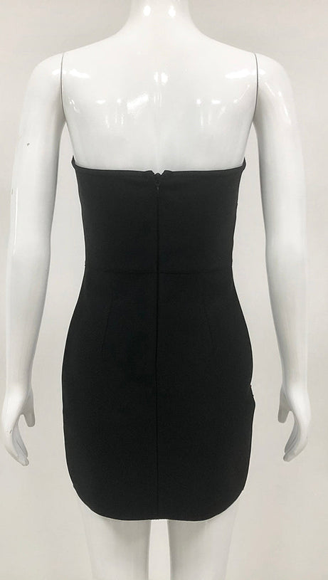 MULTICOLOR-CRYSTAL EMBELLISHED BLACK STRAPLESS MINI DRESS