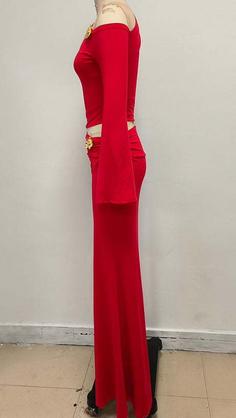 SLANT COLLAR HIGH WAIST SLIM LONG SKIRT RED SUIT