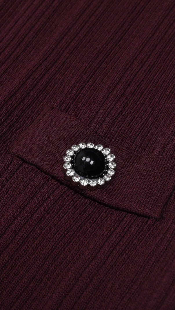 AIIZIE Javier Ribbed Knit Midi Dress - Long Sleeve, Contrast Collar & Burgundy Hue - product image