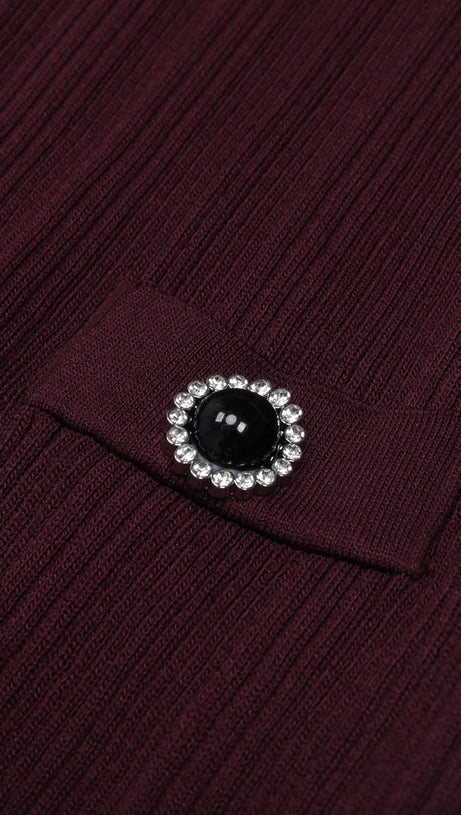 Javier Ribbed Knit Midi Dress - Long Sleeve, Contrast Collar & Burgundy Hue
