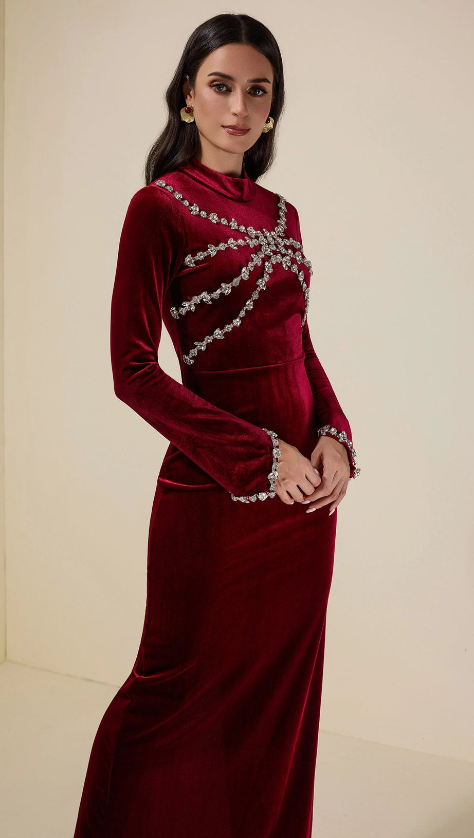 hilary Velvet Rhinestone Long Sleeve Maxi Dress - burgundy