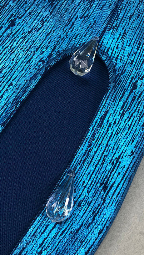 STRAPLESS CRYSTAL WOODGRAIN FOIL PRINT MAXI DRESS BLUE