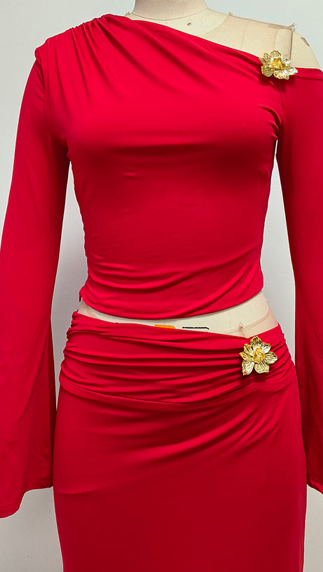 SLANT COLLAR HIGH WAIST SLIM LONG SKIRT RED SUIT
