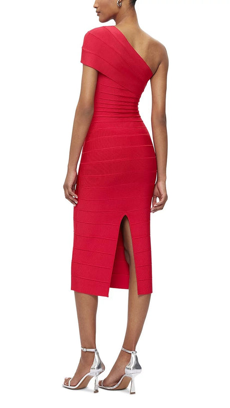 ABIGAIL ONE-SHOULDER BANDAGE MIDI DRESS IN RIO RED