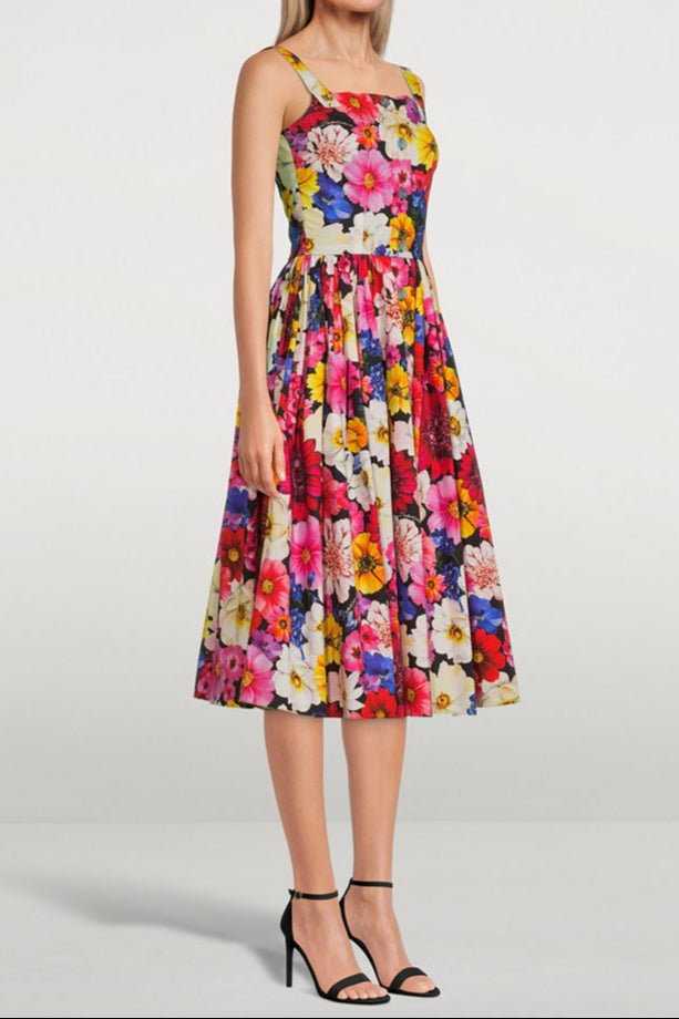 Cotton Poplin Midi Dress In Garden Print