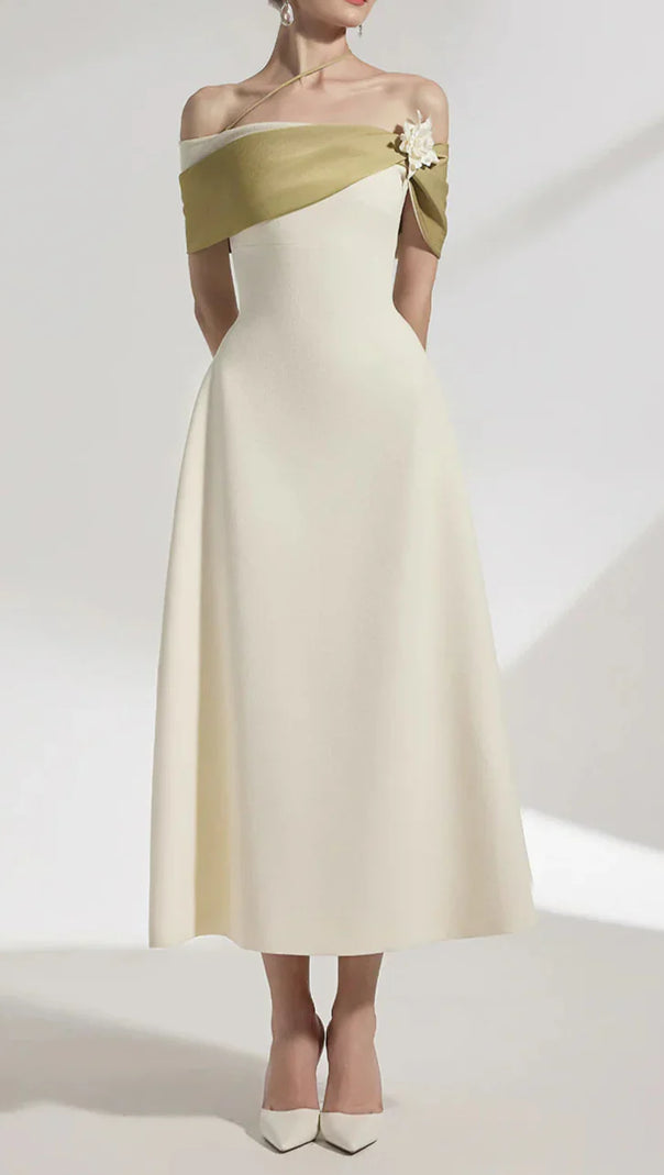 AIIZIE A-LINE OPEN SHOULDER COTTON CREPE MIDI DRESS IN BEIGE - product image
