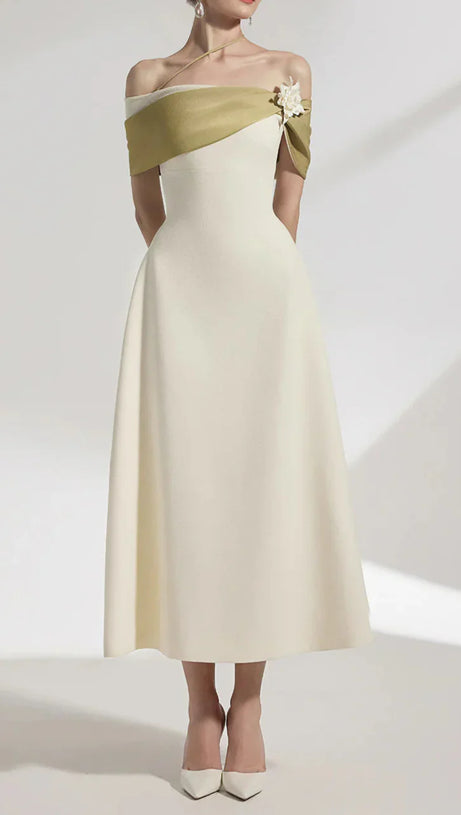 A-LINE OPEN SHOULDER COTTON CREPE MIDI DRESS IN BEIGE