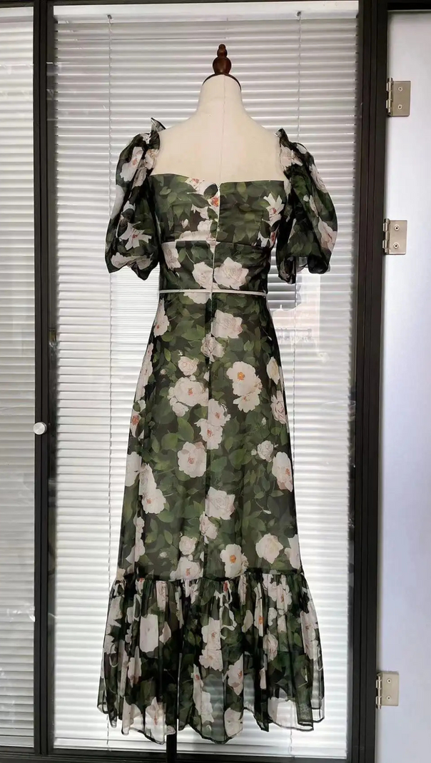AIIZIE PUFF SLEEVE FLORAL PRINTED MIDI DRESS IN GREEN - product image