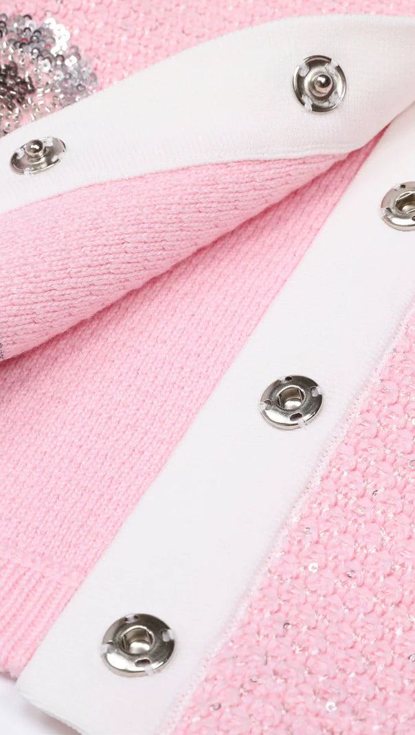 AIIZIE Chic Pink Sequin Knit Cardigan & Midi Skirt Set - product image