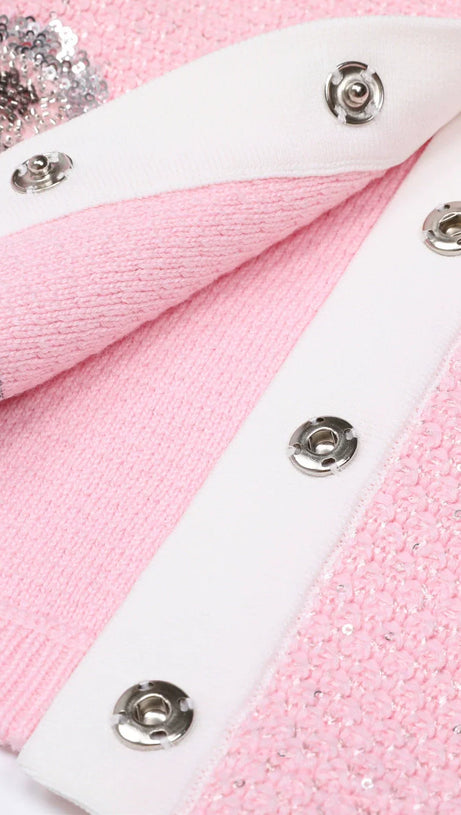 Chic Pink Sequin Knit Cardigan & Midi Skirt Set