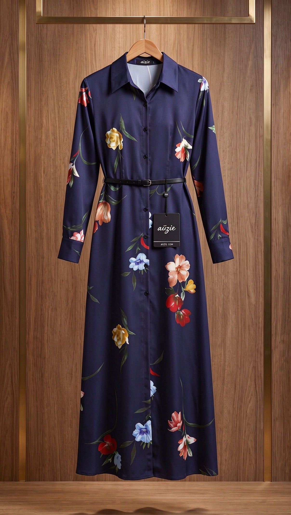 Navy Blue Floral Satin-Weave A-Line Shirt Dress