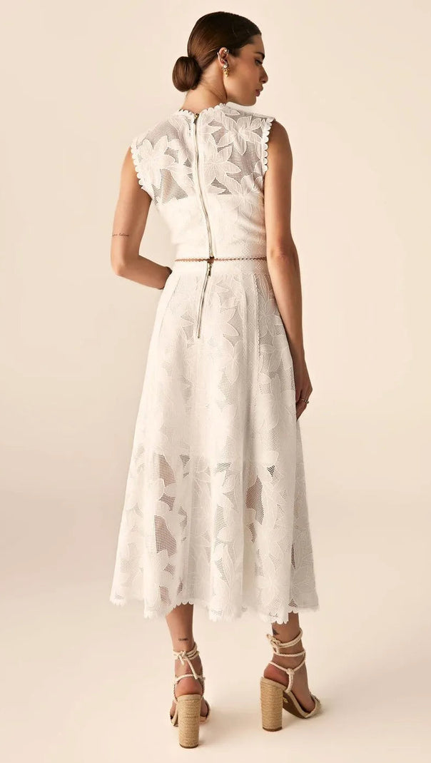 AIIZIE GUIPURE MESH MIDI SKIRT CROP TOP SET IN WHITE - product image
