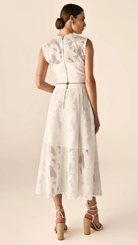 Guipure Mesh Midirock Crop Top Set in Weiß