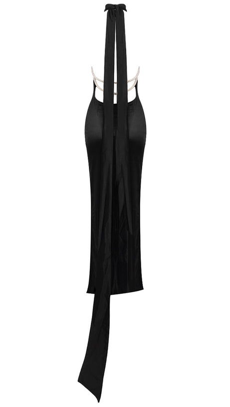 MIGNON SATIN BELT BACKLESS PEARL EMBELLISHED MAXI DRESS IN BLACK