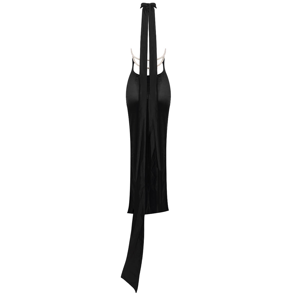 AIIZIE MIGNON SATIN BELT BACKLESS PEARL EMBELLISHED MAXI DRESS IN BLACK - product image