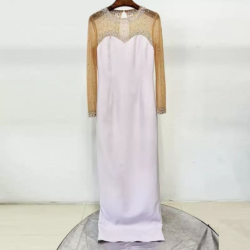 pink mesh splicing bead  long dress with diamonds