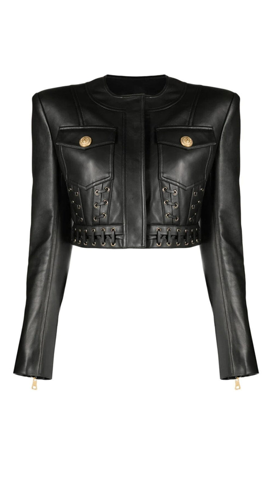 ROUND NECK HEAVY DUTY ROPE SHORT LEATHER JACKET SUIT