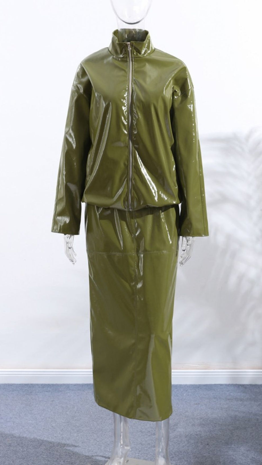 Jehan Glossy PU Leather Bomber Jacket & Midi Skirt Set - Chic Olive Green Co-ord