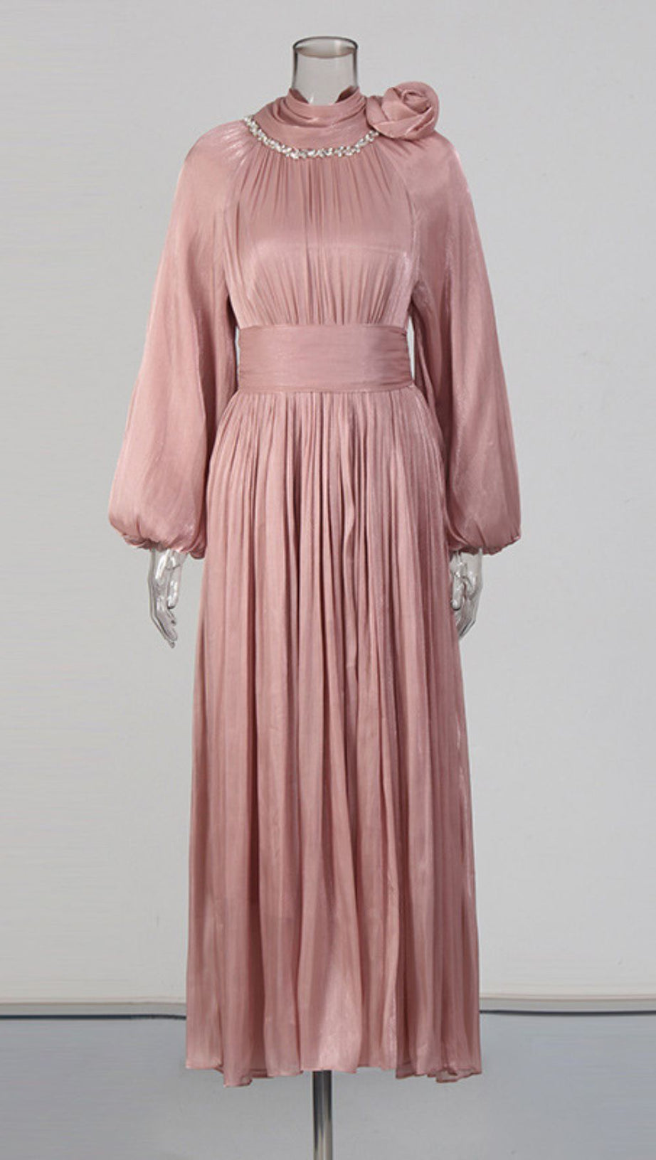 Juhani Rose Pleated Satin Maxi Dress - Elegant Long Sleeve Gown
