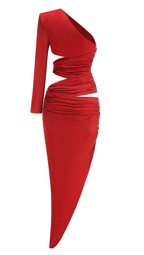 ONE-SHOULDER HOT DIAMOND HOLLOW IRREGULAR SLIT RED MAXI DRESS