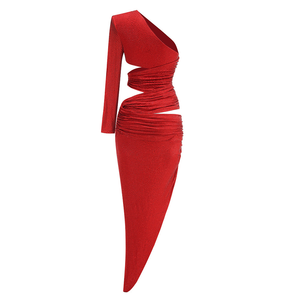 AIIZIE ONE-SHOULDER HOT DIAMOND HOLLOW IRREGULAR SLIT RED MAXI DRESS - product image