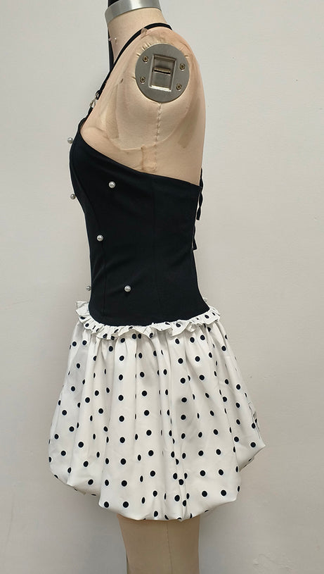 BLACK AND WHITE BEADED MINI DRESS