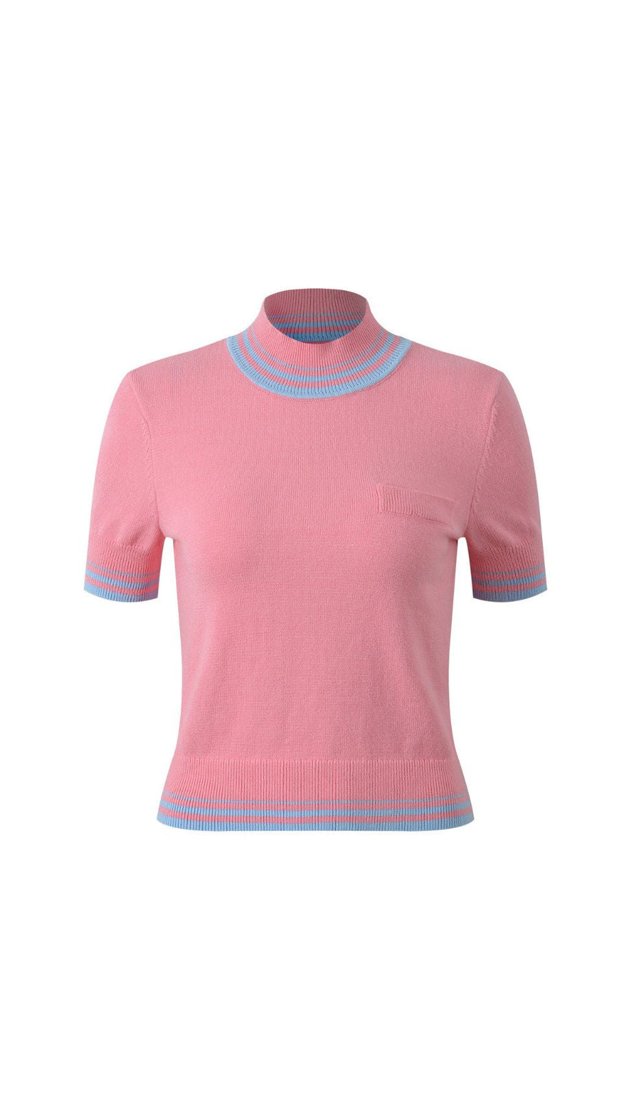 CHIC PINK & BLUE STRIPE MOCK NECK RIBBED KNIT TOP | WOMEN'S SHORT SLEEVE