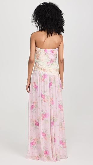 PINTIL STRAPLESS PLEATED FLORAL MAXI DRESS IN MULTI