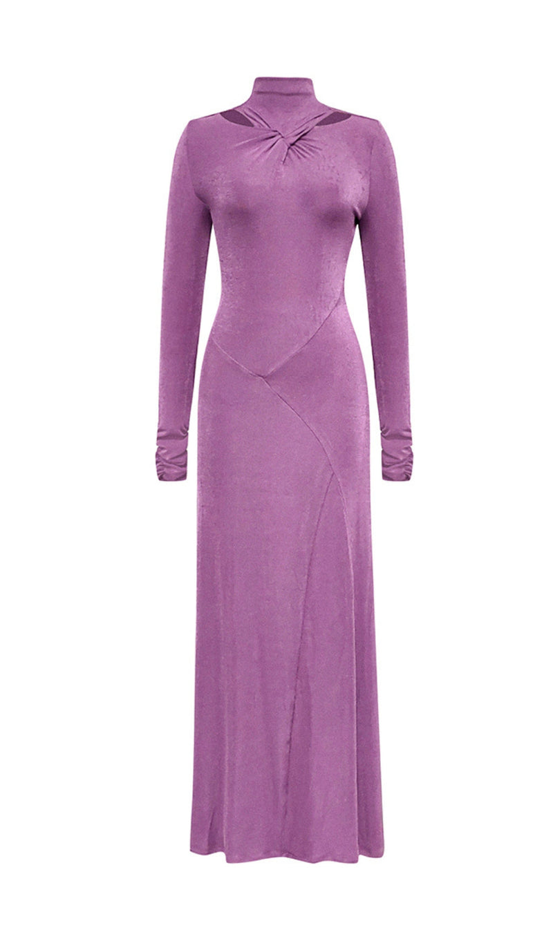 PURPLE LONG-SLEEVED HALTER NECK TIGHT FISHTAIL DRESS