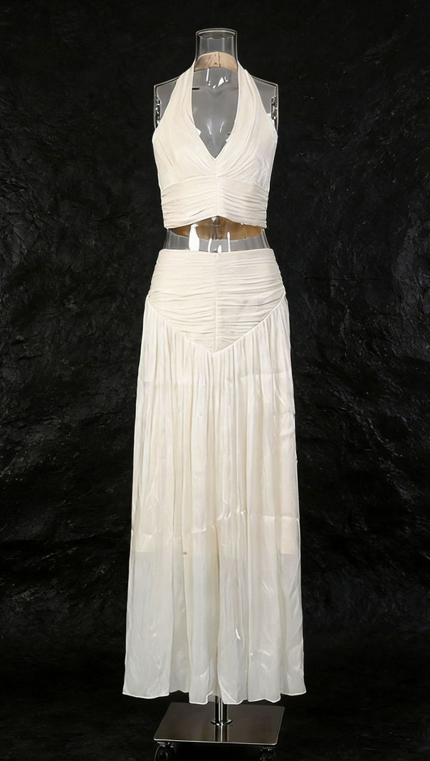 AIIZIE Jania Chic Halter Crop Top & Pleated Maxi Skirt Set | Elegant Two-Piece - product image