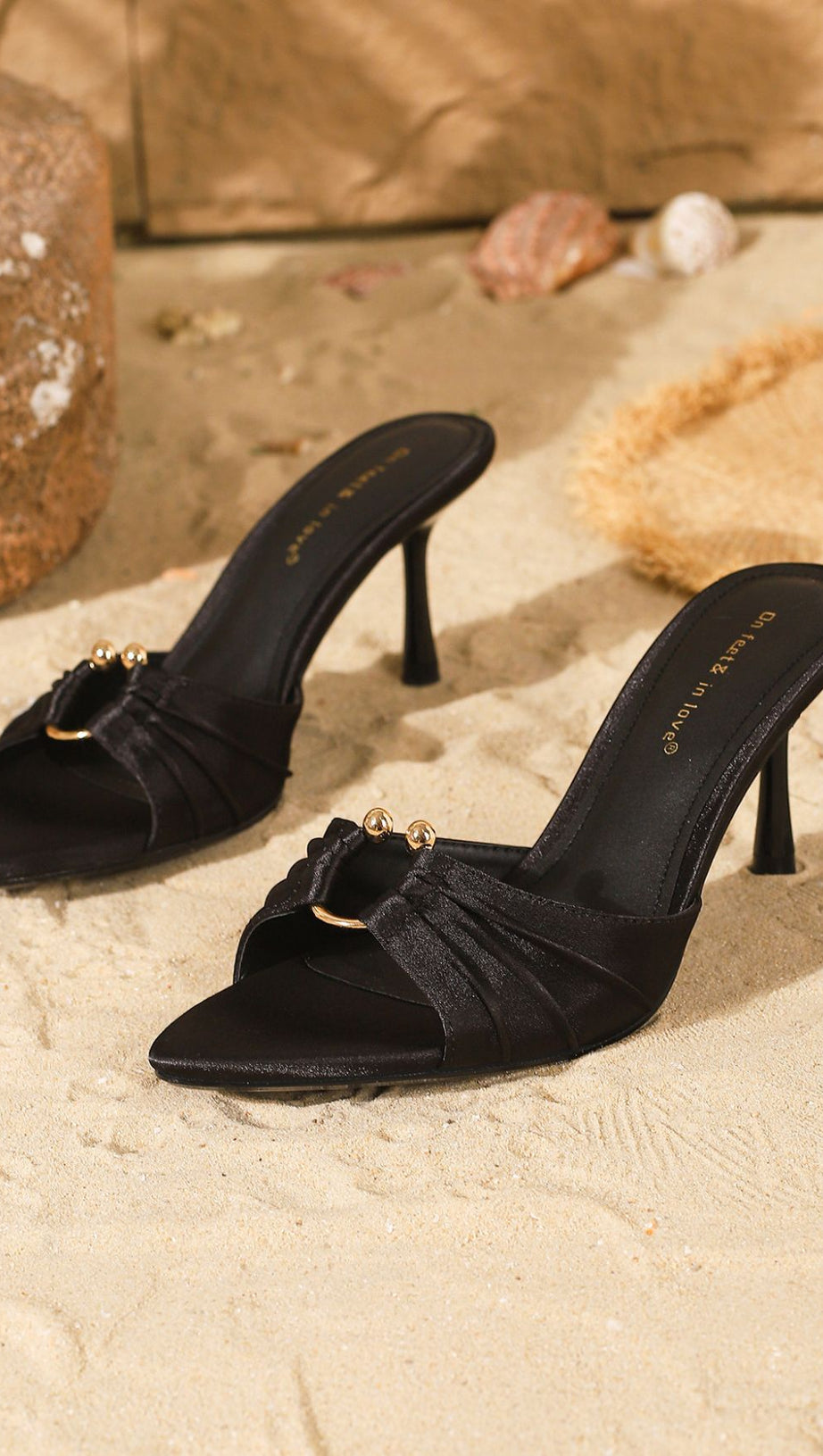 HAYDN BLACK POINTED-TOE MULES | CHIC SATIN SLIDES WITH GOLD ACCENT - ON FEET & IN LOVE®