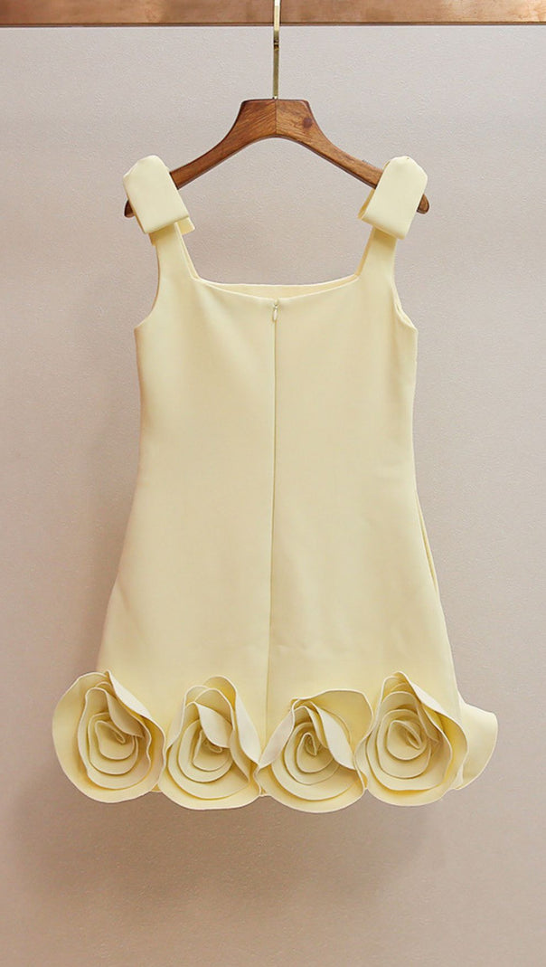 AIIZIE HAVILY CHIC YELLOW 3D ROSETTE MINI DRESS | ELEGANT FLORAL APPLIQUE - product image