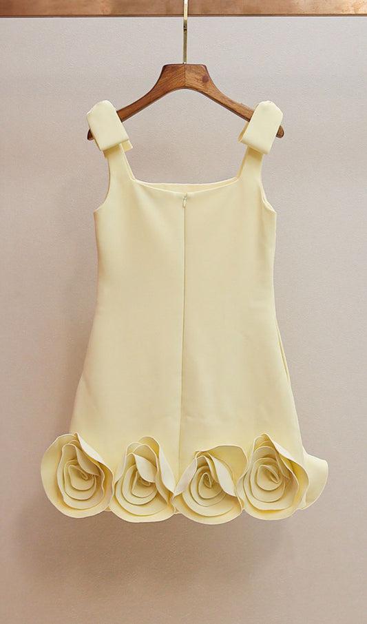 AIIZIE HAVILY CHIC YELLOW 3D ROSETTE MINI DRESS | ELEGANT FLORAL APPLIQUE - product image
