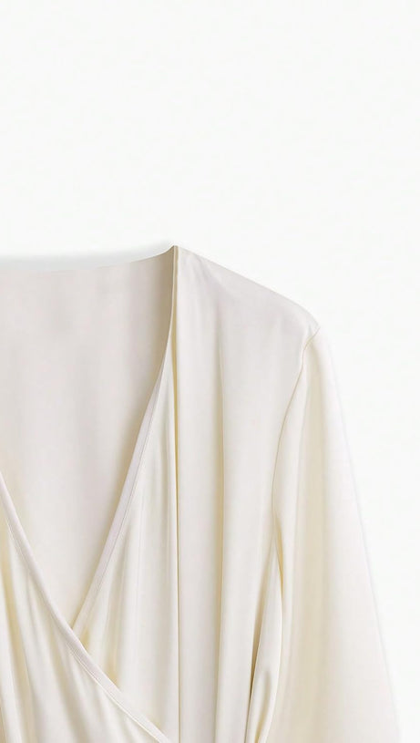 BELTED SATIN FRINGE-HEM DRESS IN BEIGE