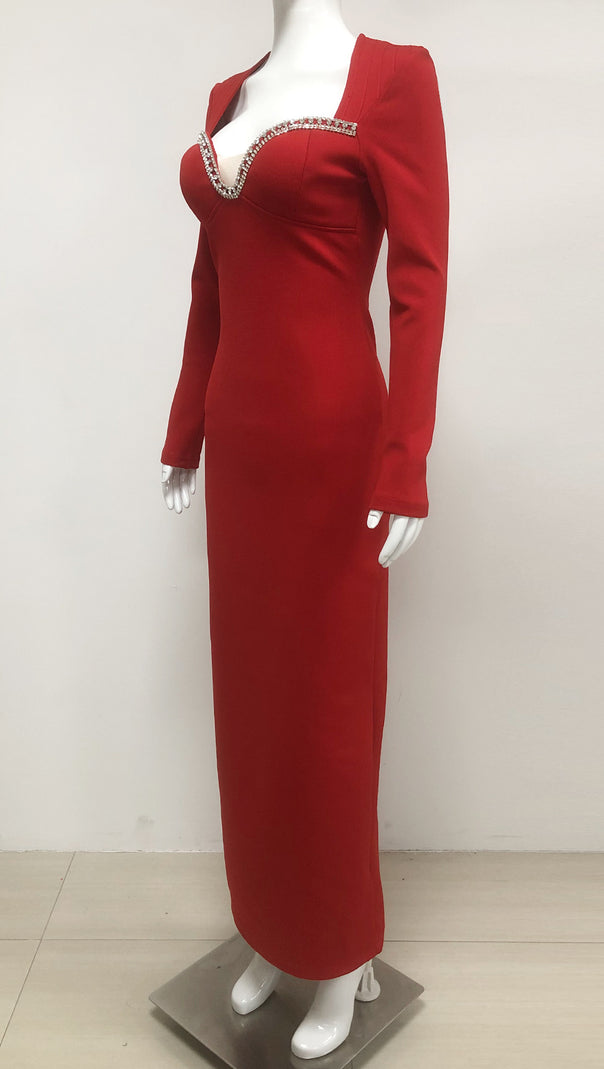 AIIZIE SYLVIA CRYSTAL EMBELLISHED LONG SLEEVE MAXI DRESS IN RED - product image