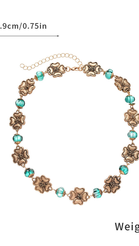 Jacoby Vintage Floral & Teal Beaded Choker Necklace for Women