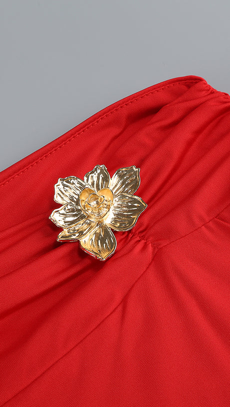 SLANT COLLAR HIGH WAIST SLIM LONG SKIRT RED SUIT