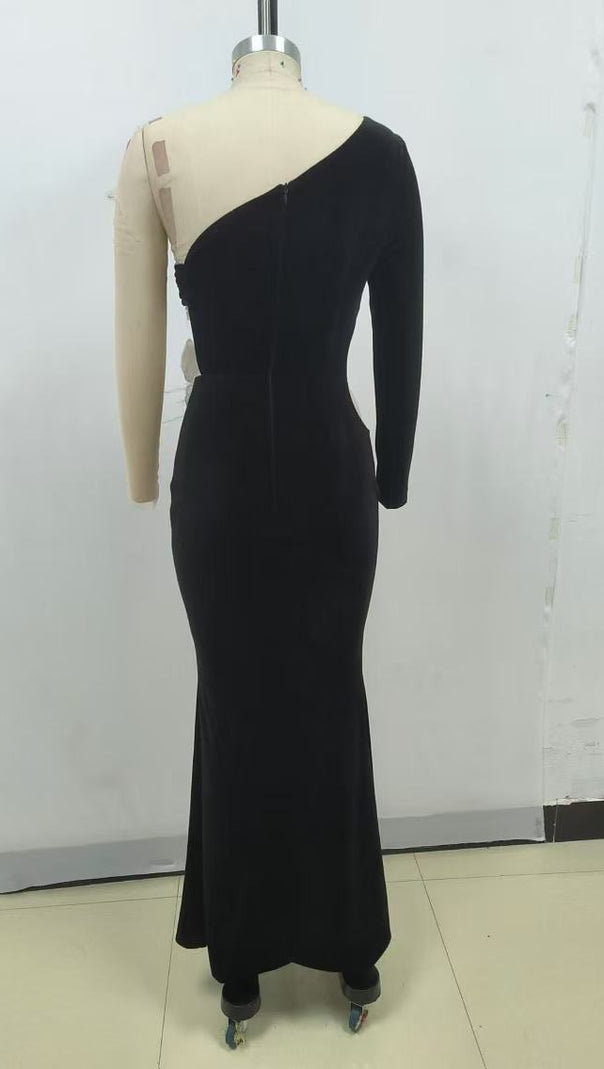 One-Shoulder Langarm Blumen Maxikleid schwarz 