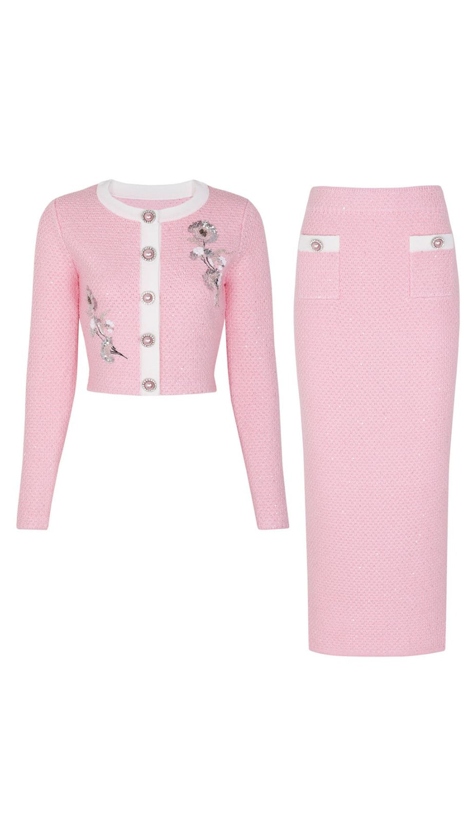 Chic Pink Sequin Knit Cardigan & Midi Skirt Set