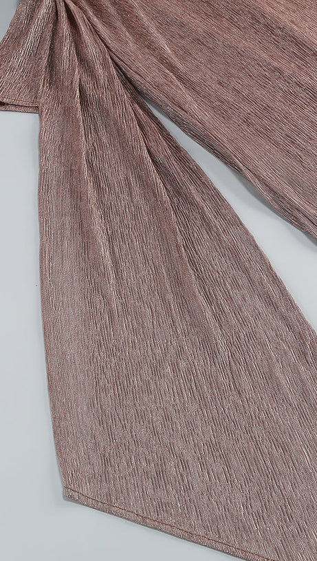 ONE SHOULDER DRAPED GLITTER BROWN CORSET OPEN BACK MAXI DRESS