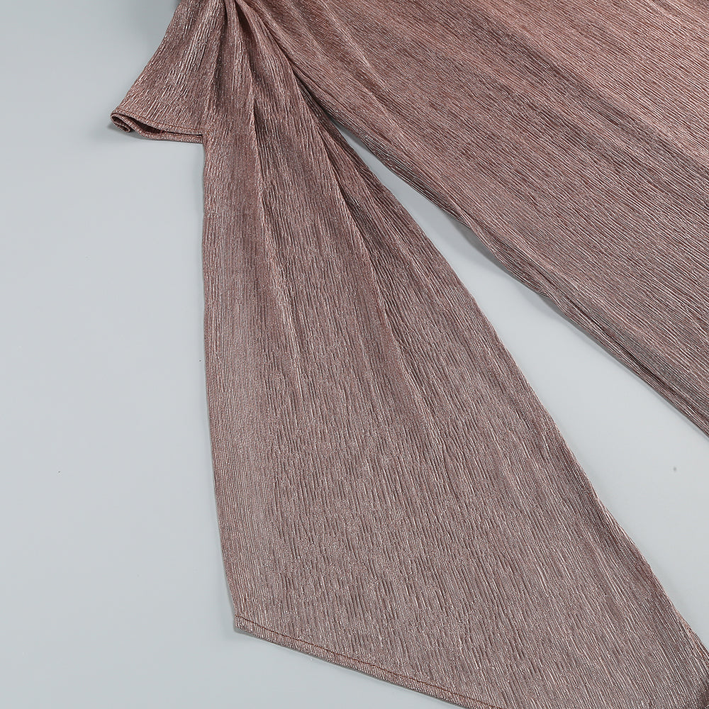 AIIZIE ONE SHOULDER DRAPED GLITTER BROWN CORSET OPEN BACK MAXI DRESS - product image