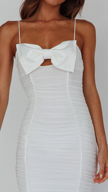 BOW RUCHED MIDI DRESS IN WHITE