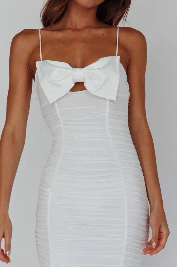 bow ruched midi dress in white