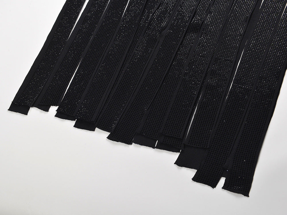 Glamorous Black Sleeveless Maxi Dress with Rhinestone Fringe Hem