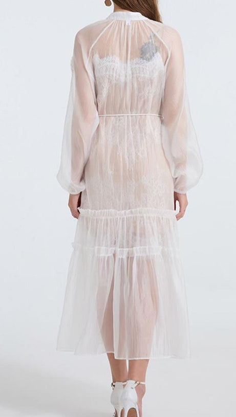 SEE-THROUGH BLOUSE MAXI DRESS WITH LACE SKIRT IN WHITE